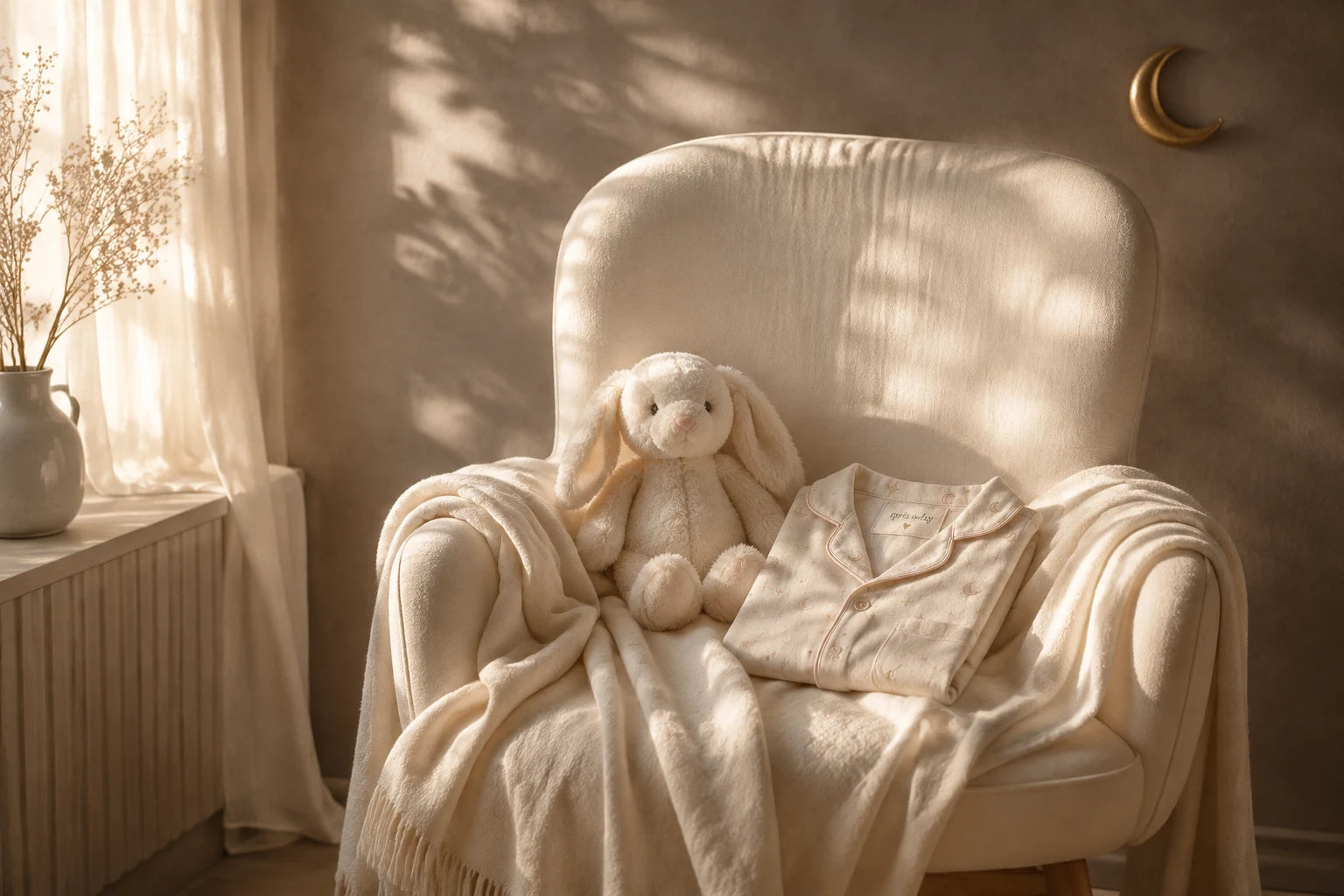 An ivory plush bunny and folded bedtime textiles in soft nursery light